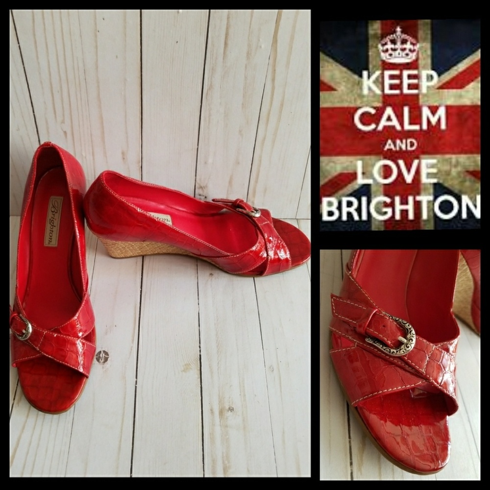 BRIGHTON Riva Red Croc Leather Patton Wedge Sandal